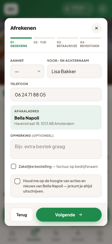 Het afrekenscherm van een Foodnu-bestelsite