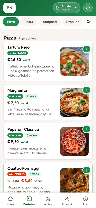 Eigen bestelsite van het restaurant op mobiel — menukaart met productfoto's onder eigen merk en domein